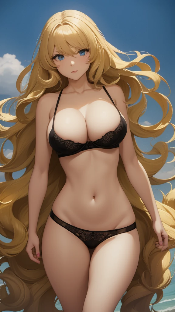 A blonde woman with big hair in a bra and panties is busty