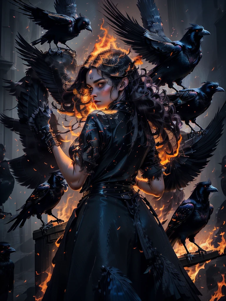 (masterpiece), best quality, (masterpiece), best quality, 

A mystical realistic photograph of a (woman with a ((crow on her arm))), the (((woman has long blowing hair)), dark hair and dark surroundings... the (crow glows) its ((feathers seem to be made of fire)),
The ((crow appears to be made of fire)), lighting up the woman and her surroundings