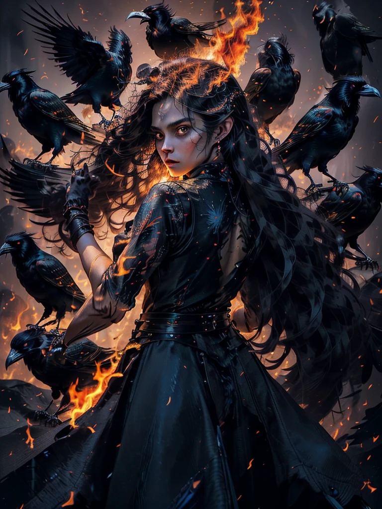 (masterpiece), best quality, (masterpiece), best quality, 

A mystical realistic photograph of a (woman with a ((crow on her arm))), the (((woman has long blowing hair)), dark hair and dark surroundings... the (crow glows) its ((feathers seem to be made of fire)),
The ((crow appears to be made of fire)), lighting up the woman and her surroundings