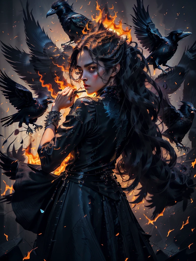 (masterpiece), best quality, (masterpiece), best quality, 

A mystical realistic photograph of a (woman with a ((crow on her arm))), the (((woman has long blowing hair)), dark hair and dark surroundings... the (crow glows) its ((feathers seem to be made of fire)),
The ((crow appears to be made of fire)), lighting up the woman and her surroundings