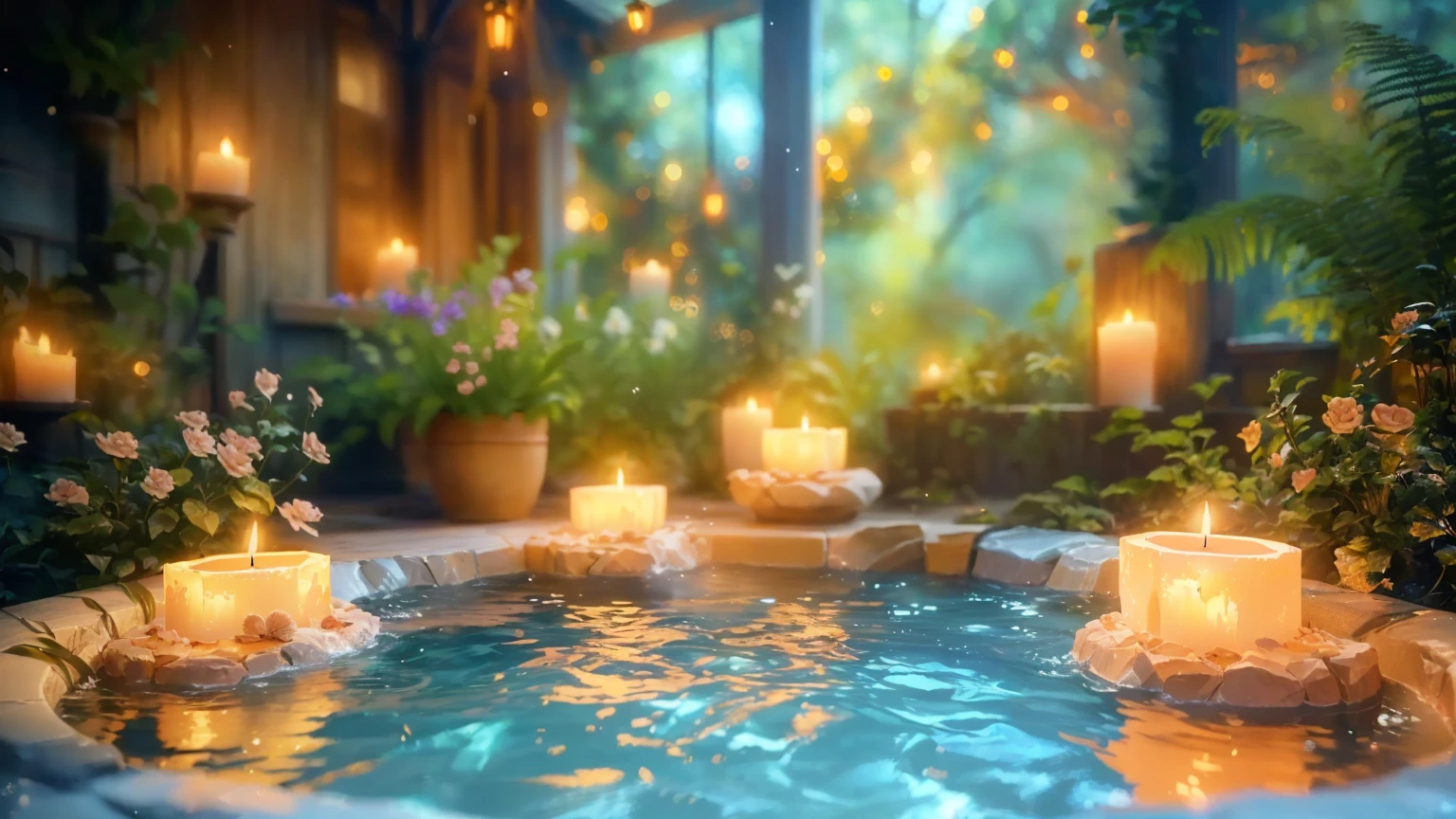 Candles lit in a hot tub filled with water and plants, Relaxing concept art, Relaxing environment, Relaxed atmosphere, Unreal Engine ; Romantic Theme, Peaceful atmosphere, Fantasy Style 8 k Octane Rendering, (Octane Rendering) Fantasy Style, Magical Environment, Detailed cinematic rendering, A pleasant and enchanting scene, Magical Scene, Close-up cinematic underwater scenes, 8k Sensual Lighting, Photorealistic cinematic rendering、it&#39;s raining、Water is splashing、８K