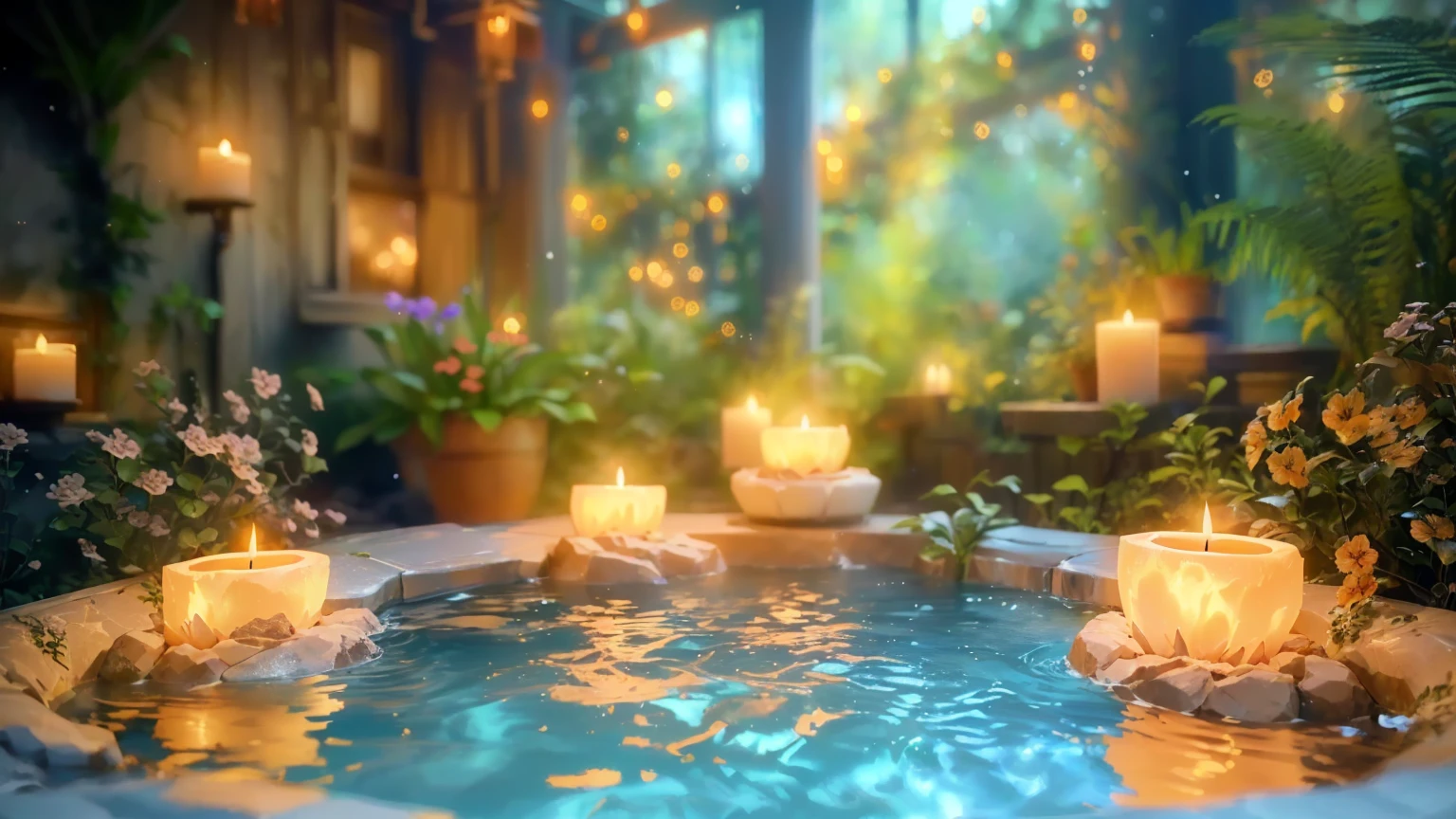 Candles lit in a hot tub filled with water and plants, Relaxing concept art, Relaxing environment, Relaxed atmosphere, Unreal Engine ; Romantic Theme, Peaceful atmosphere, Fantasy Style 8 k Octane Rendering, (Octane Rendering) Fantasy Style, Magical Environment, Detailed cinematic rendering, A pleasant and enchanting scene, Magical Scene, Close-up cinematic underwater scenes, 8k Sensual Lighting, Photorealistic cinematic rendering、it&#39;s raining、Water is splashing、８K