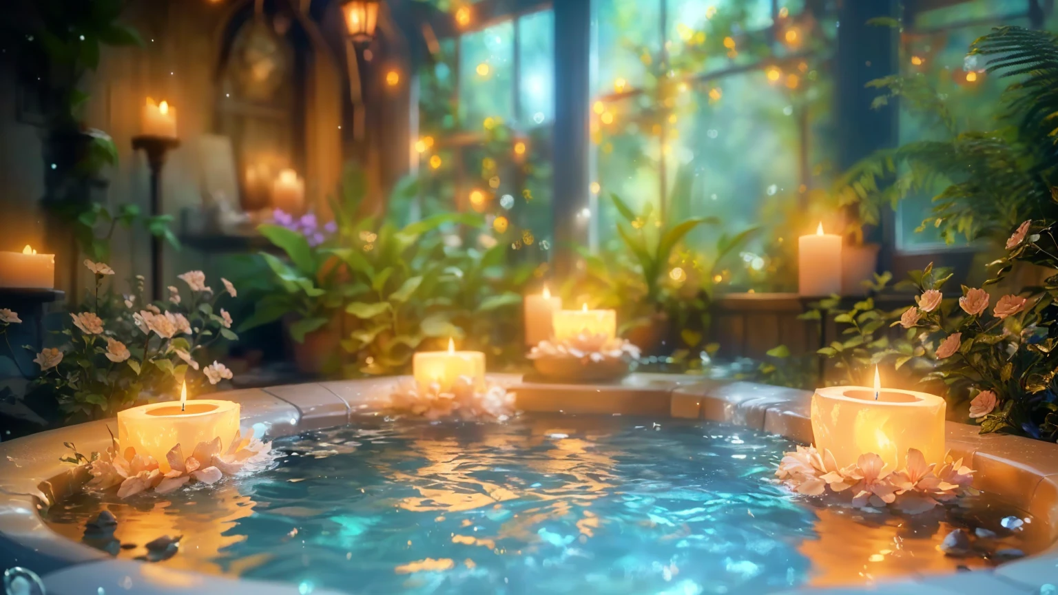 Candles lit in a hot tub filled with water and plants, Relaxing concept art, Relaxing environment, Relaxed atmosphere, Unreal Engine ; Romantic Theme, Peaceful atmosphere, Fantasy Style 8 k Octane Rendering, (Octane Rendering) Fantasy Style, Magical Environment, Detailed cinematic rendering, A pleasant and enchanting scene, Magical Scene, Close-up cinematic underwater scenes, 8k Sensual Lighting, Photorealistic cinematic rendering、it&#39;s raining、Water is splashing、８K