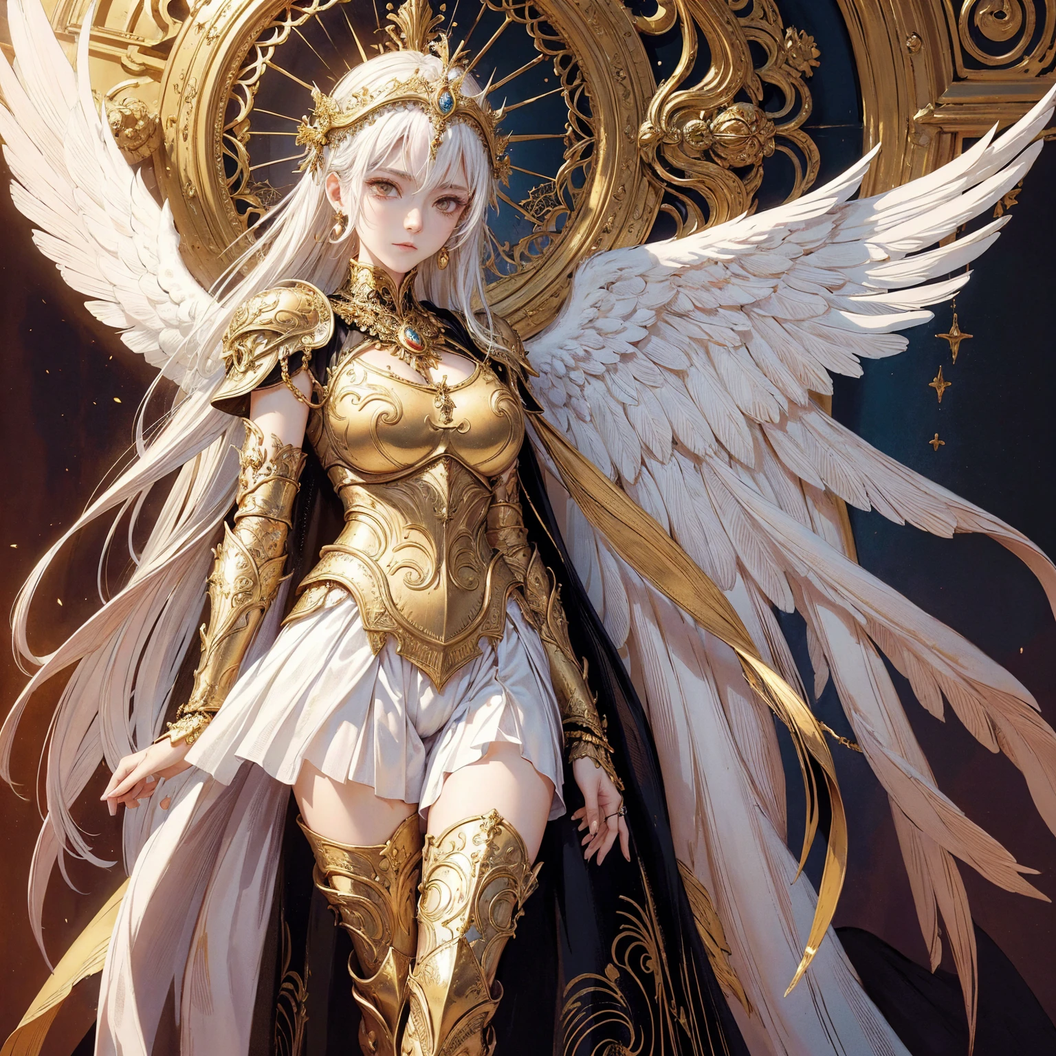 Art of woman wearing sun crown and ornate breastplate that exposes a small amount of skin above the chest, a pair of golden-armored angelic white wings spread out behind the woman, Magnificent golden long dress, ancient goddess art, Sacredness. Very detailed, Mysterious inspiration, Inspiration from the Sun God, Religious inspiration, Cold and snobbish face, Dangerous expressions, Impersonal face with no smile, White hair, Standing, Full body portrait, Gothic art style, Weird art style, Occult art