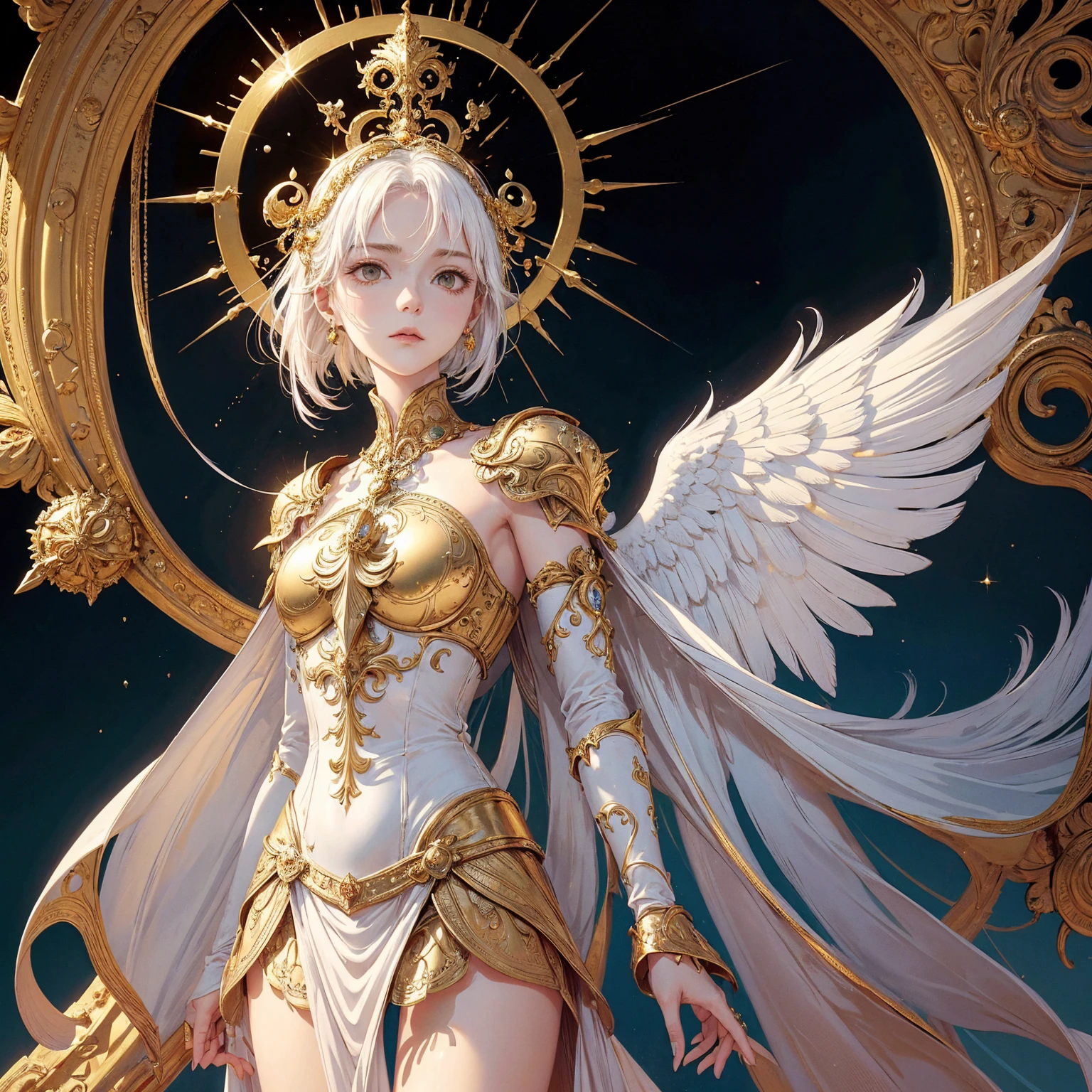 Art of woman wearing sun crown and ornate breastplate that exposes a small amount of skin above the chest, a pair of golden-armored angelic white wings spread out behind the woman, Magnificent golden long dress, ancient goddess art, Sacredness. Very detailed, Mysterious inspiration, Inspiration from the Sun God, Religious inspiration, Cold and snobbish face, Dangerous expressions, Impersonal face with no smile, White hair, Standing, Full body portrait, Gothic art style, Weird art style, Occult art