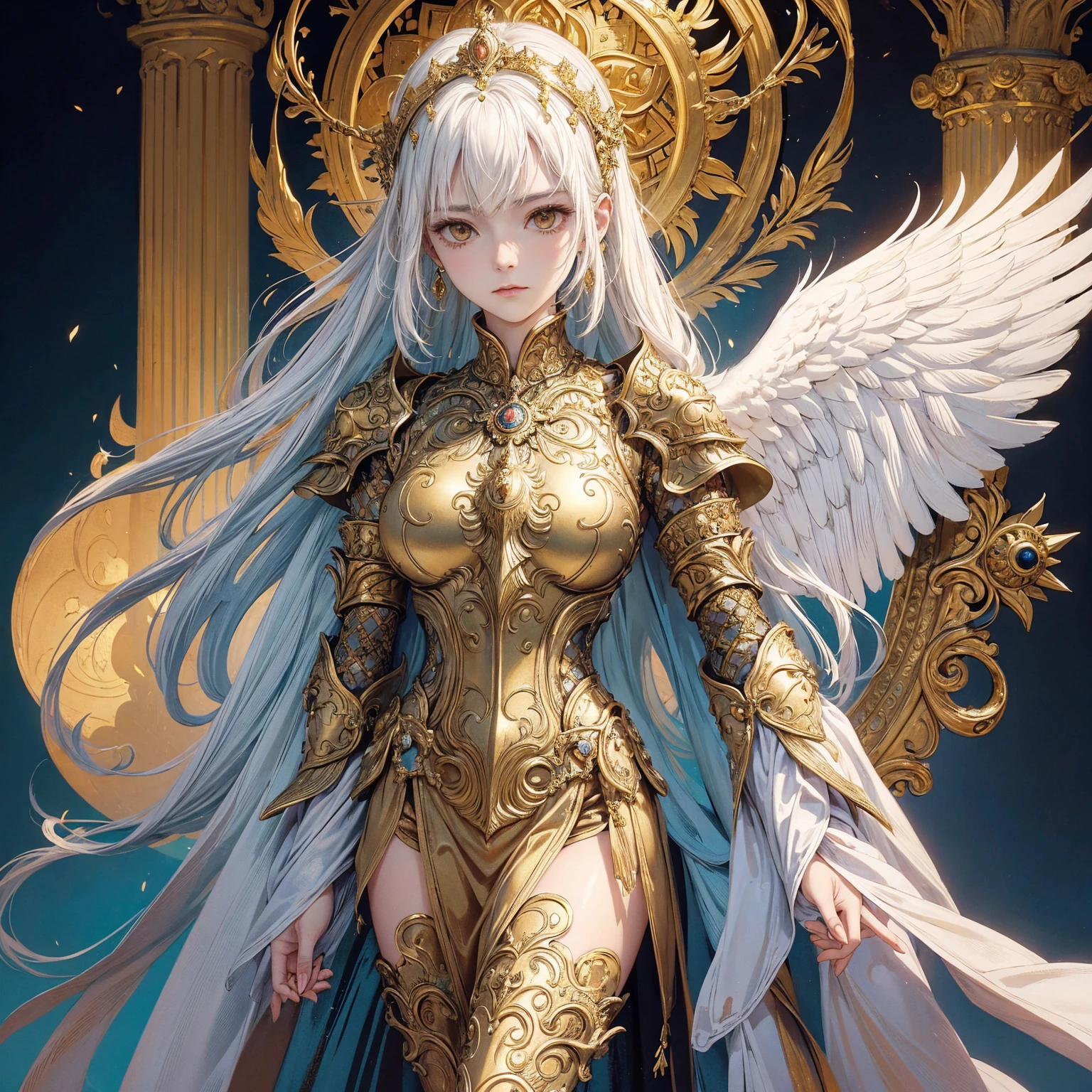 Art of woman wearing sun crown and ornate breastplate that exposes a small amount of skin above the chest, a pair of golden-armored angelic white wings spread out behind the woman, Magnificent golden long dress, ancient goddess art, Sacredness. Very detailed, Mysterious inspiration, Inspiration from the Sun God, Religious inspiration, Cold and snobbish face, Dangerous expressions, Impersonal face with no smile, White hair, Standing, Full body portrait, Gothic art style, Weird art style, Occult art