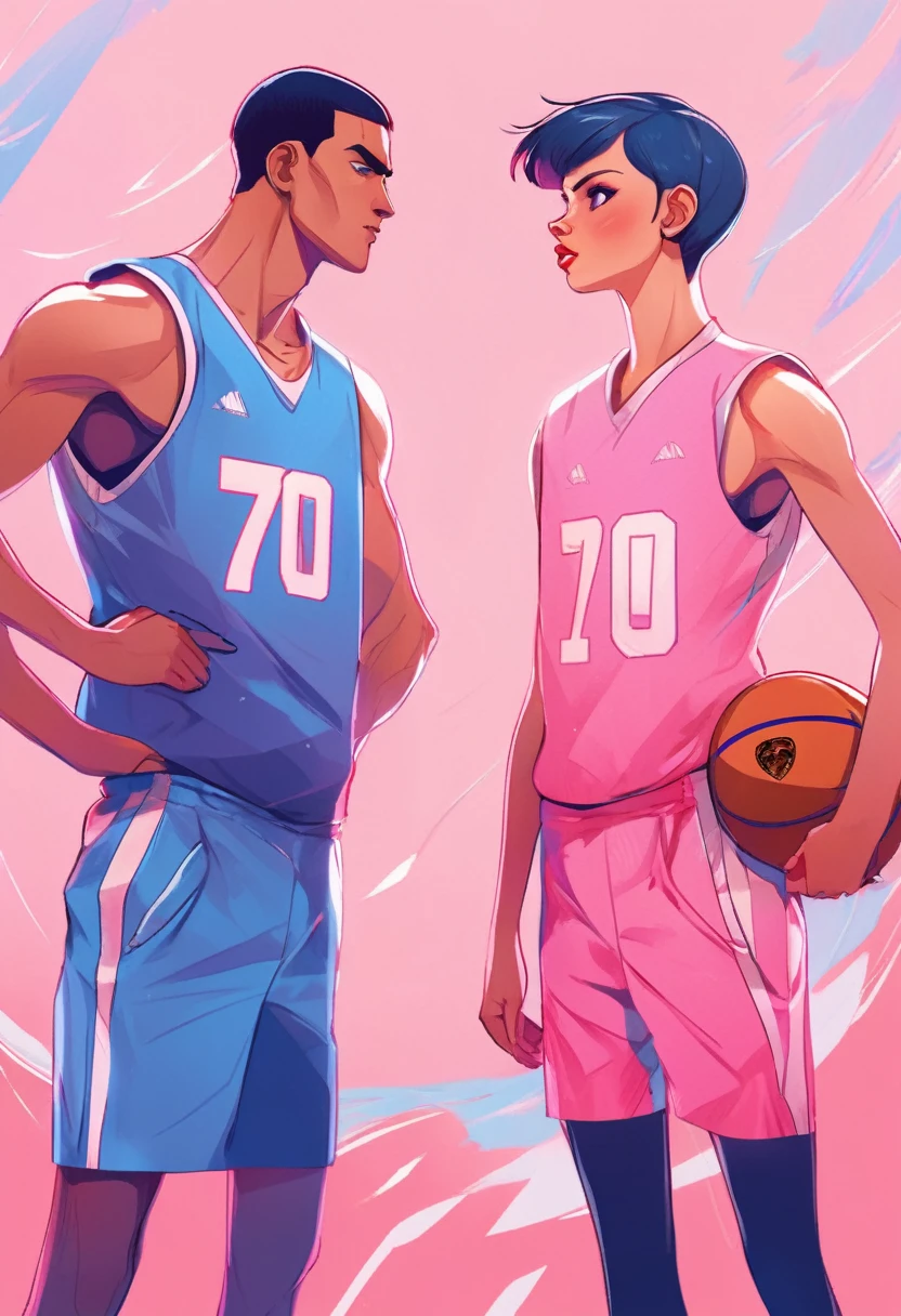 
A pair of lovers in basketball jerseys stare at each other with angry faces, the girl wears a pink jersey, the boy wears a blue jersey. vector style, manga style, digital art, by Marshall Arisman, cover illustration, 70mm, 7 0 mm, 70 mm, book cover illustration, by Brigette Barrager, album cover, novel cover art for a book, art concept for a book cover, cover art, 7 feet tall,


