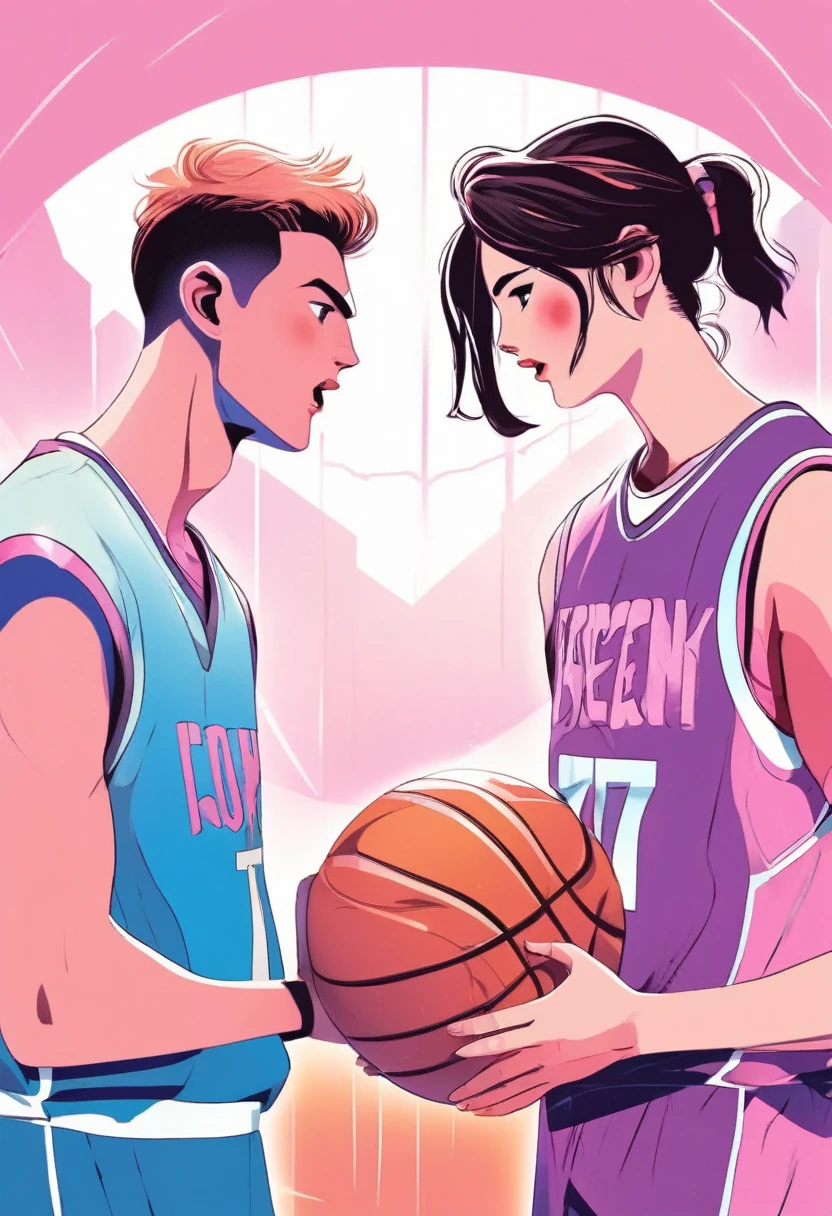 
A pair of lovers in basketball jerseys stare at each other with angry faces, the girl wears a pink jersey, the boy wears a blue jersey. vector style, manga style, digital art, by Marshall Arisman, cover illustration, 70mm, 7 0 mm, 70 mm, book cover illustration, by Brigette Barrager, album cover, novel cover art for a book, art concept for a book cover, cover art, 7 feet tall,


