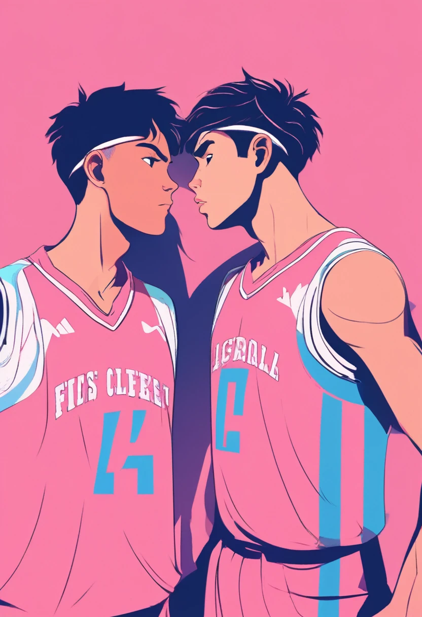 A pair of lovers in basketball jerseys stare at each other with angry faces, the girl wears a pink jersey, the boy wears a blue jersey. vector style, manga style, digital art, by Marshall Arisman, cover illustration, 70mm, 7 0 mm, 70 mm, book cover illustration, by Brigette Barrager, album cover, novel cover art for a book, art concept for a book cover, cover art, 7 feet tall,