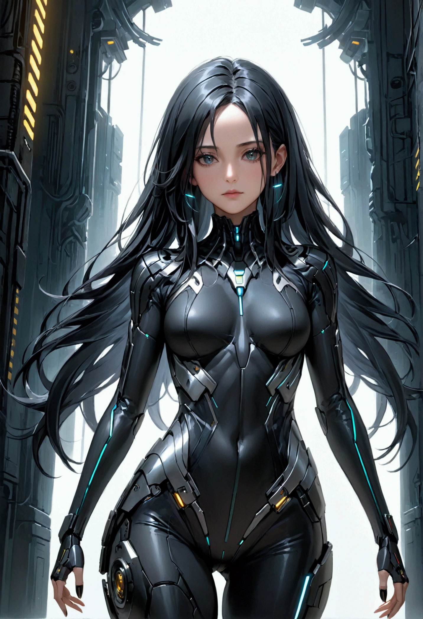 Mature Girl with long black hair with silver highlight, dark onyx eyes,tall rectangular body figure, cyberpunk clothes