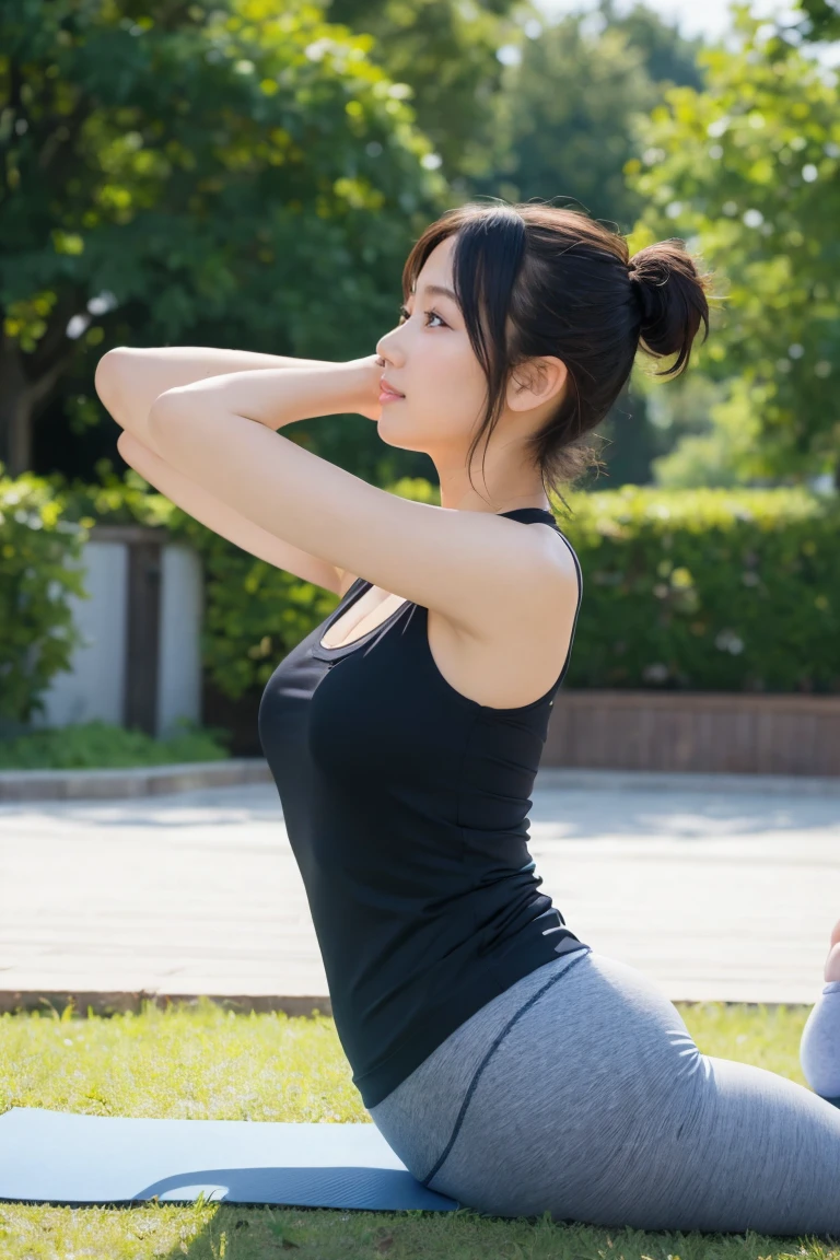 Close-up shot , Best image quality (8k, High resolution, masterpiece: 1.2), Very detailed, 215 Short Hair, 25-year-old female, situation: Yoga sessions in the park or at a studio。 clothing: Tight yoga pants and a tank top。Barefoot or yoga socks。Hair in a high ponytail。 angle: Profile of a person posing on a mat。Choose a Balanced Yoga Posture.、Emphasis on calm and focus。that&#39;You can also take a full-body photo with the bird..&#39;An S-shaped view from above.。 Face close-up , Random cute poses ,Big eyes ,Puffy eyes , Heart pupil, blush , Big shy smile , salute、Grown-up