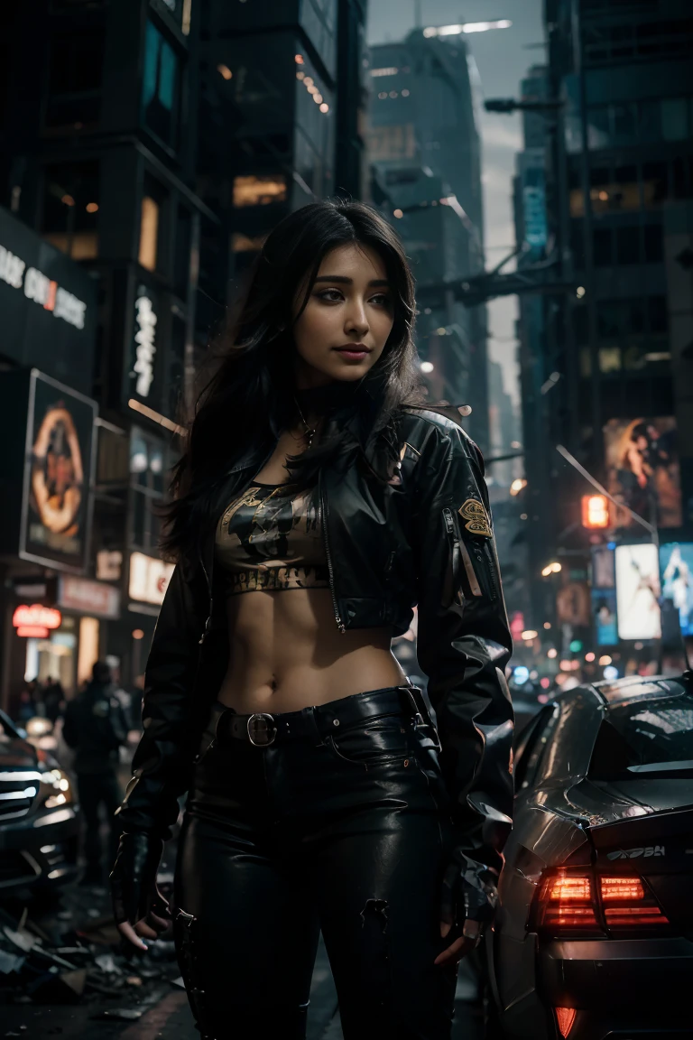 (Highest quality, Ultra HD, 16k, Masterpiece) A powerful girl Pooja Hegde walks confidently in front of her rugged, futuristic car amidst a chaotic and war-torn metropolis. The shot is a medium to long view, capturing her determined presence and the complete surroundings around her. She gazes ahead with a fierce, unyielding expression, embodying strength and resolve. She wears a fitted mecha tshirt under a stylish jacket and jeans pants, her attire blending practicality with a touch of modern flair. The jacket is detailed with guns, rifles, and utility pockets, enhancing her battle-ready appearance. Her hair is tousled and windswept, adding to her dynamic presence. The car behind her is a heavily modified, armored vehicle, its exterior scarred from countless battles. It stands as a testament to her resilience and resourcefulness, with various gadgets and weapons mounted on its frame. The car's sleek, complements the overall gritty atmosphere. In the background, the entire skyline of the metropolis is visible, partially obscured by smoke and ash. Skyscrapers tower amidst the chaos, many of them heavily damaged with gaping holes and crumbling facades. Explosions light up the scene, casting an eerie glow over the widespread destruction. Spaceships hover menacingly in the sky, engaged in fierce aerial battles, their sleek designs contrasting with the devastation below. The ground is littered with debris and remnants of destroyed structures, adding to the sense of a world torn apart by conflict. Scraps of metal, shattered glass, and remnants of vehicles are scattered across the landscape. The lighting is dramatic, with sharp contrasts that highlight the textures of her attire and the metallic surface of her car. The interplay of light and shadow emphasizes the intense expression on her face and the chaos in the background. Hollywood action movie. Action film, ((tshirt)), (((fully covered mecha tshirt))), (((mecha jacket on top))), (((guns))), (((smiling)))