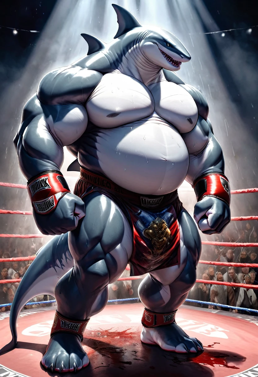 A gritty and intense cinematic illustration of a high-stakes boxing match in a dimly lit, blood-spattered ring. DC Comics' towering, hyper-detailed, and muscular King Shark, Nanaue, stands victorious, his humanoid shark form glistening with sweat and covered in the remains of the grueling fight. His prominent belly, wide muscular arms, and sharp teeth are highlighted by the harsh light of the ring. The background is a chaotic scene, with debris from the battle scattered around the ring, and the air filled with the heavy breathing of King Shark. His fierce and formidable fighter personality is palpable in this triumphant moment., cinematic, photo