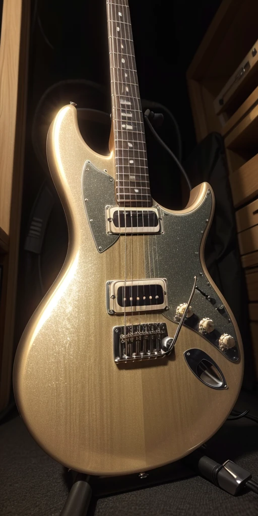 a beautiful detailed electric guitar, detailed fretboard, gleaming metallic body,