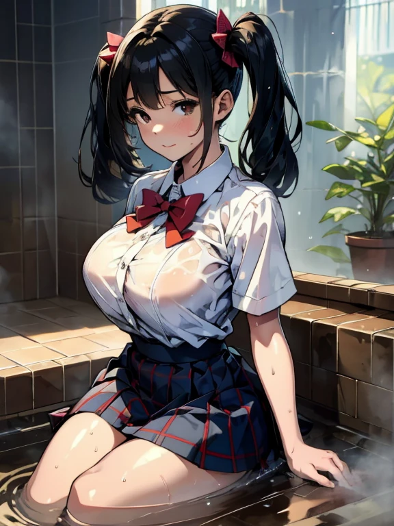 (masterpiece, best quality:1.2), in the bath , wet clothes, soaked, wet hair, wet skin, translucent, glistening with oil , dishevelled , solo, 1girl, school girl uniform , steam , plaid skirt , pleated skirt , The shirt is tight. , white shirt , school girl , red bow , red knot , red eyes, intricate, highres, 8k, detailed hair , wet and sweaty , wet white shirt , clothes were so wet that her breasts could be seen  , Soak in water , LingX,black hair,twintails,brown eyes,hair ornament,