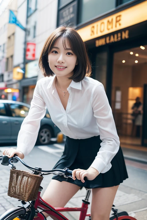 (RAW Photos), (Realistic), (masterpiece), (Highest quality), High resolution, 8k resolution, (Exquisite detail), Exquisite bicycle structure,One handle,(Volumetric Light), woman, Age 35, short hair, Straight hair, Brown haired, Very thin, Very white and clear skin, Source Sequence,Ultimate beauty,Cute like an idol, smile, (office suits), Sit in the saddle,Beautiful Japanese office lady, Pleated skirt, Random Color, Cute Face, Real Light, Correct Anatomy, ride a bicycle:1.4、Mommy bike:1.5, There is a basket, Low saddle,Moving bicycle, (((A very simple city bike:1.5))),Pedaling,Hold one handle with both hands,Look straight ahead, (((Low angle 1.4))), In the city, (((I can see her panties))), very beautiful long legs, (((From quite below:1.4))), Thin thighs, womanを下から見上げる視聴者,(((Low angle full body shot, Black pumps,From quite belowの角度, focus on the saddle, Zoom from ground level))), womanは前傾姿勢ではない, Not a car, from the front, 視聴者は下からwomanの股間を見上げる,womanは片膝をあげる, low angle: 1.4, focus her knee,In town, One Bicycle, basic and simple bicycle flame, both hands grip a handle bar