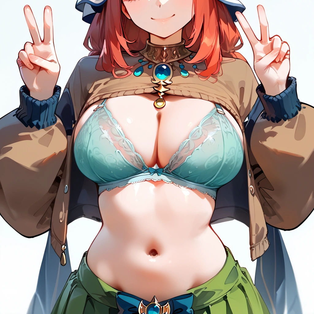 score_9, score_8_up, score_7_up, score_6_up, score_5_up, score_4_up, 1girl, Nilou, Genshin impact,, large breasts,,,, floox style, floox style, high resolution,,, expressiveh,, perfect anatomy, masterpiece, solo, gray background,, (school outfit:1.2),green skirt, brown sweater,bra , v, smile, happy, light aqua eyes, she is 21 years old, navel, bright red hair,