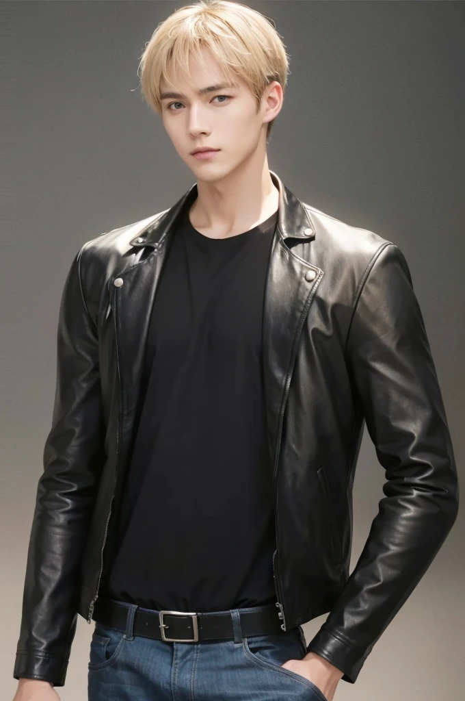 at office,wearing black leather jacket,two block haircut, Attractive man,Live-action photo,Handsome and sunny,(SLR effect,Reality,8K,Hyper-detailing,Absolute realism)