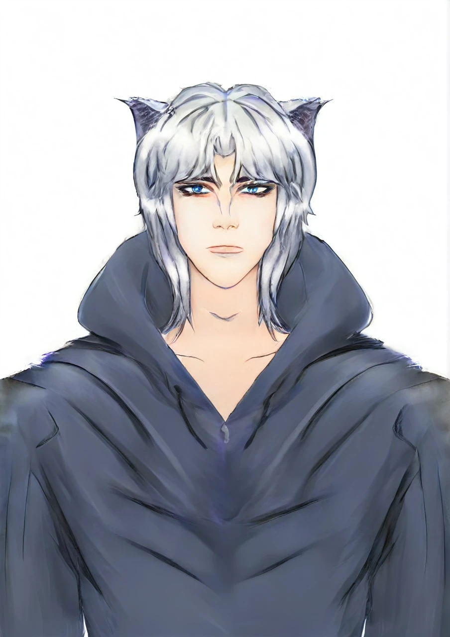 a handsome boy in a torn darkblues hoodie, wolf ear cosplay, white hair, snow landscape, blue eyes, kpopboyband, detailed facial features, highly detailed, hyper realistic, cinematic lighting, dramatic lighting, moody colors, dark atmosphere, fantasy art