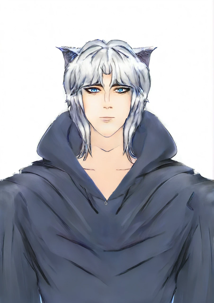 a handsome boy in a torn darkblues hoodie, wolf ear cosplay, white hair, snow landscape, blue eyes, kpopboyband, detailed facial features, highly detailed, hyper realistic, cinematic lighting, dramatic lighting, moody colors, dark atmosphere, fantasy art