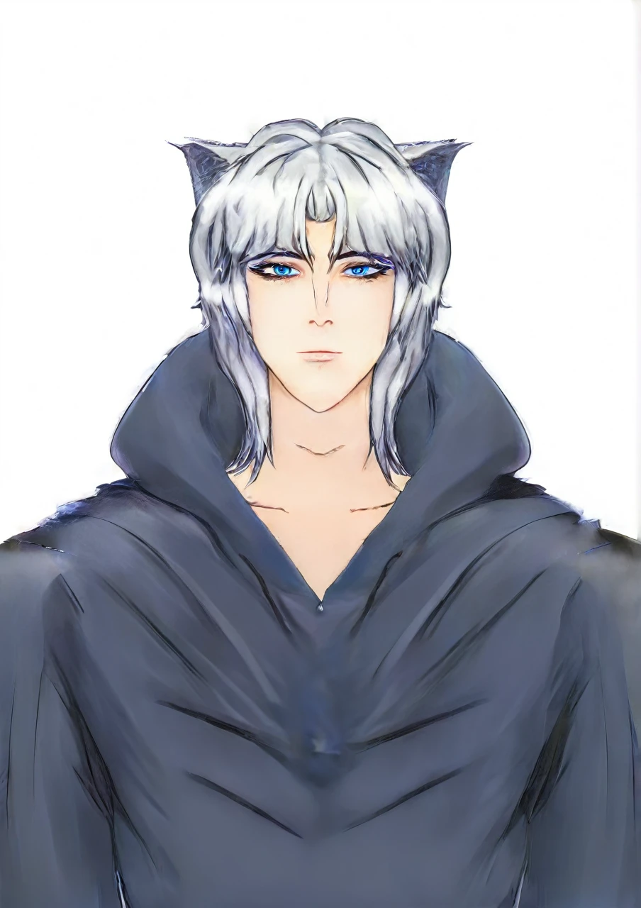 a handsome boy in a torn darkblues hoodie, wolf ear cosplay, white hair, snow landscape, blue eyes, kpopboyband, detailed facial features, highly detailed, hyper realistic, cinematic lighting, dramatic lighting, moody colors, dark atmosphere, fantasy art