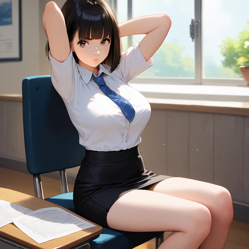 score_9,score_8_up,score_7_up,masterpiece,best quality, source anime, realistic, super detailed, extreme detailed, rating_safe,
1girl, sitting on chair, legs on desk, arms behind head,
BREAK girl, 22yo, short hair, bob cut, (blunt bangs), black hair, (tareme, detailed cute brown eyes), curled eyelashes, (large breasts:0.9), shiny hair, beautiful detailed eyes, beautiful face, 
slender, small ass, slim legs, 
serious, scowl, frown,  with a pencil between nose and lips,
white collared shirt, black tight mini skirt, pumps,
indoors, my room,