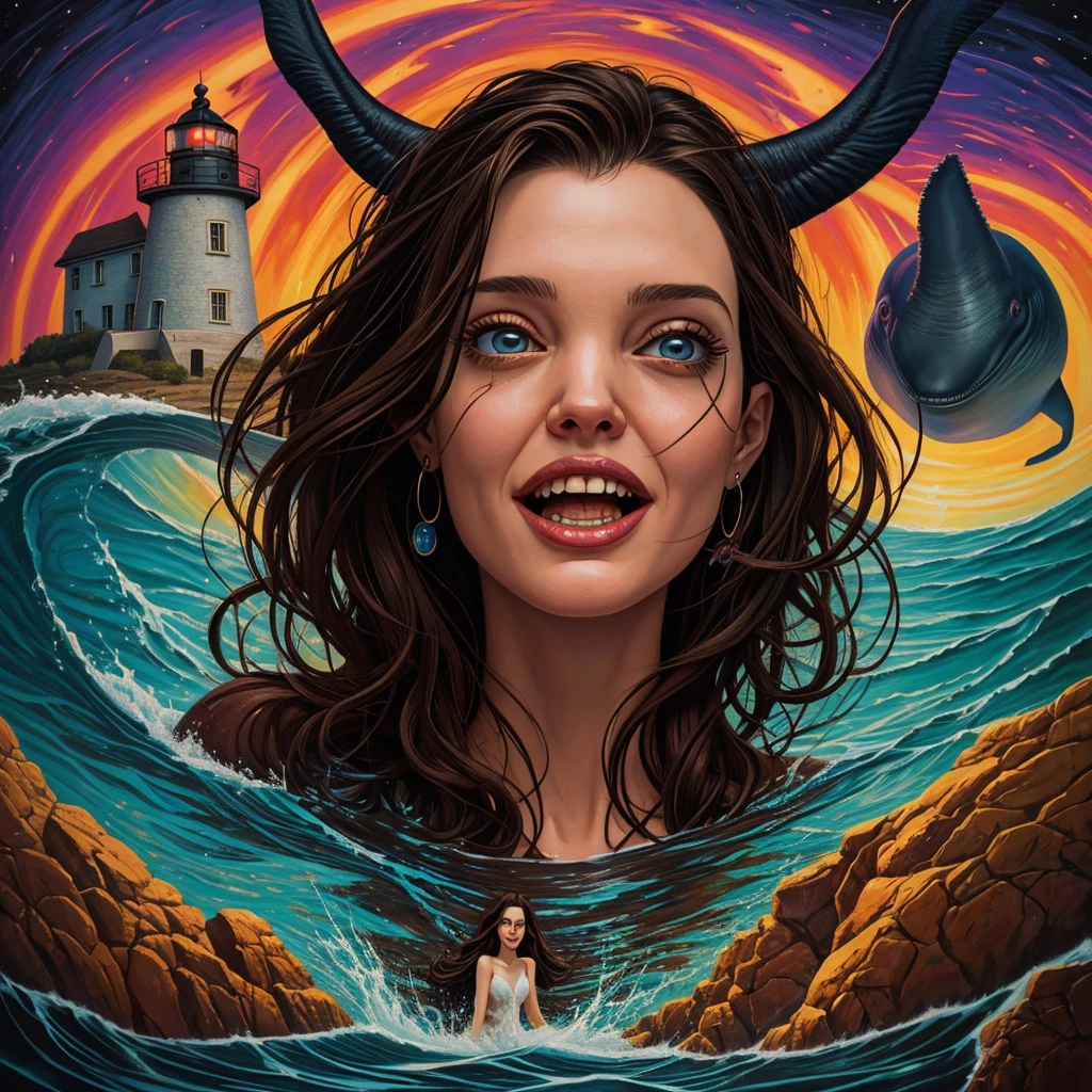 front view oil painting of a woman with face of Winona Ryder morphed with Angelina Jolie laughing with gigantic hairdo, upper body pointing up from water surface like two islands, mouth full of water, puffed out cheeks, tears of joy, whale, lighthouse in the background, shamanic horror lsd art, psychedelic cosmic horror, psychedelic surreal art, anya_taylor-joy, surreal painting, horror surreal art, hallucinatory art, trippy art, surreal concept art, casey weldon, scary color art in 4k