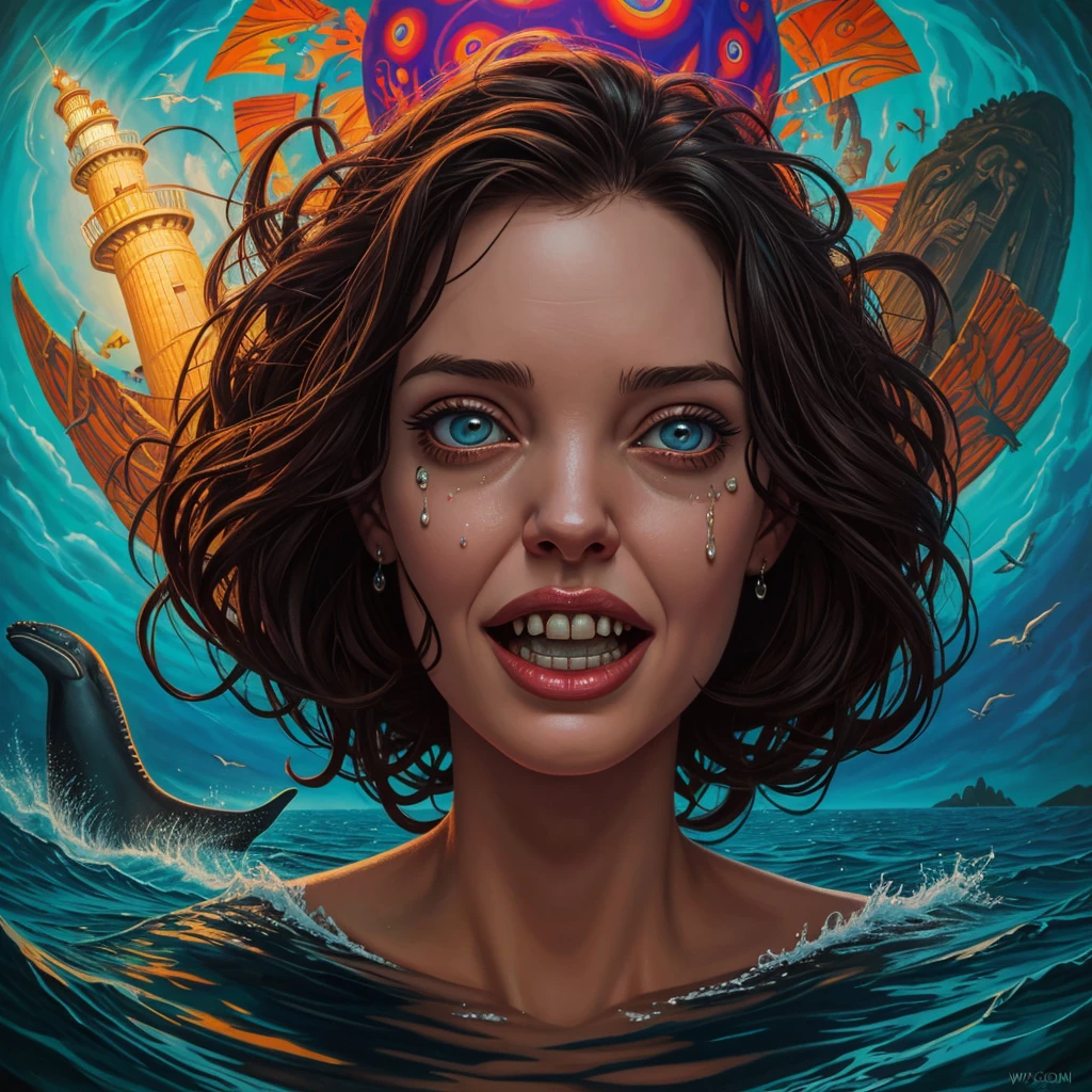 front view oil painting of a woman with face of Winona Ryder morphed with Angelina Jolie laughing with gigantic hairdo, upper body pointing up from water surface like two islands, mouth full of water, puffed out cheeks, tears of joy, whale, lighthouse in the background, shamanic horror lsd art, psychedelic cosmic horror, psychedelic surreal art, anya_taylor-joy, surreal painting, horror surreal art, hallucinatory art, trippy art, surreal concept art, casey weldon, scary color art in 4k