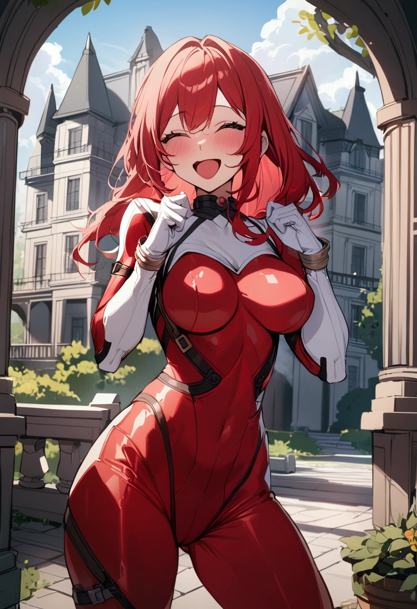 1 girl, red bodysuit, white goggles, red hair, white gloves, laugh, Mansion Background, high quality