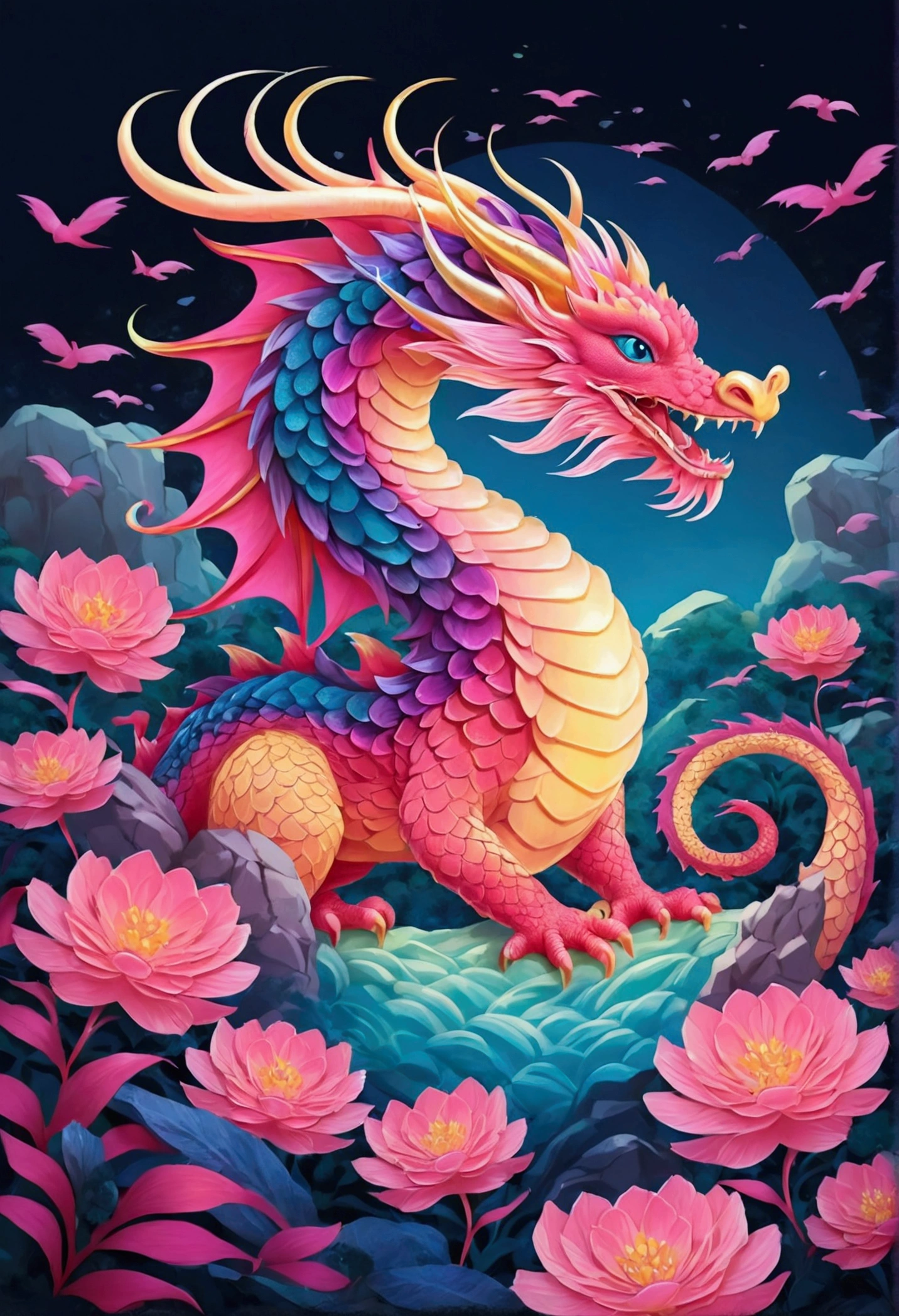 Highest quality, masterpiece, (ground:1.5), Cute pink gradient Asian dragon, A pink bird with kind eyes, heart, Floral, ground, landscape, plant, Isoscale, Beautiful concept art
