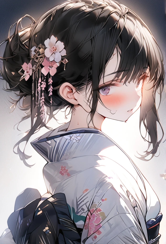 Full body, wearing a slightly revealing floral yukata, beautiful glossy black obi, masterpiece, hot and languid expression, slightly sweaty, 8K quality, black hair, hair down in front, hair back in a bun, flower hair ornament, cute round eyes like in a Japanese anime.