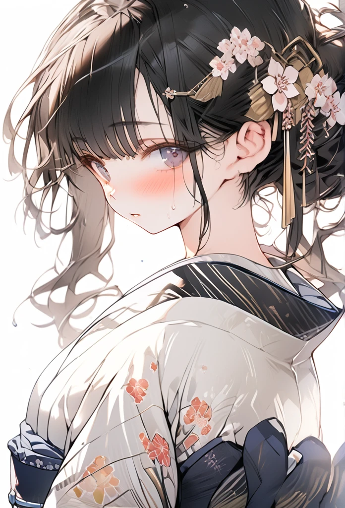 Full body, wearing a slightly revealing floral yukata, beautiful glossy black obi, masterpiece, hot and languid expression, slightly sweaty, 8K quality, black hair, hair down in front, hair back in a bun, flower hair ornament, cute round eyes like in a Japanese anime.