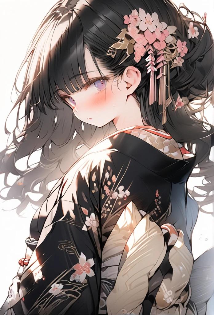 Full body, wearing a slightly revealing floral yukata, beautiful glossy black obi, masterpiece, hot and languid expression, slightly sweaty, 8K quality, black hair, hair down in front, hair back in a bun, flower hair ornament, cute round eyes like in a Japanese anime.