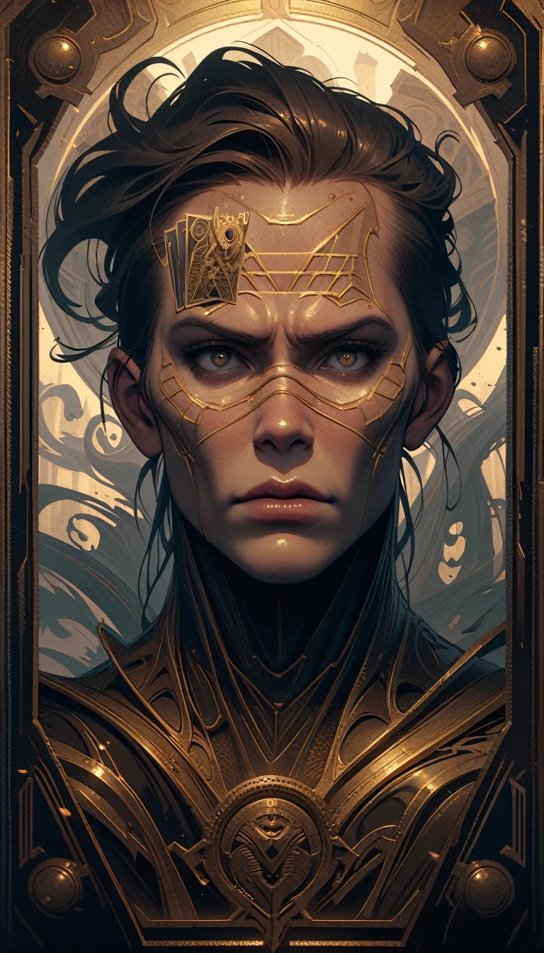 ((best quality)) , ((masterpiece)) , (detailed),Jean-Joseph Benjamin-Constant, Glowwave, Photograph, Jake Parker, Alan Davis, Hipster Art, Cleancore, Art Deco Girl, Monstrous and Boring, Swirling, Metalcore, Film Washi, portrait art by Stanisław Ignacy Witkiewicz, detailed, intricate, background inspired, luxury, pure,(((Tarot card illustration,Tarot Style)))