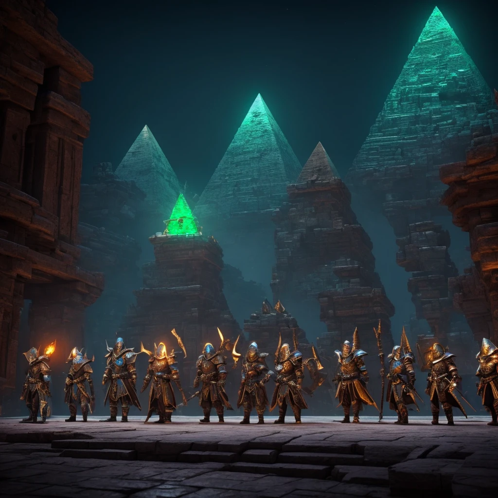 4 people standing next to each other, qll of them outfitted in sandstone sleek armor referinging to their class. 1 mage, 1 warrior, 1 tank and 1 rouge. They are all standing infront of a pyramid that is clearly a dungeon with huge orage and green lights sprouting from the armor and the desert pyramid. Its night time with the armor itself, the stars and the pyramid lighting the photo.