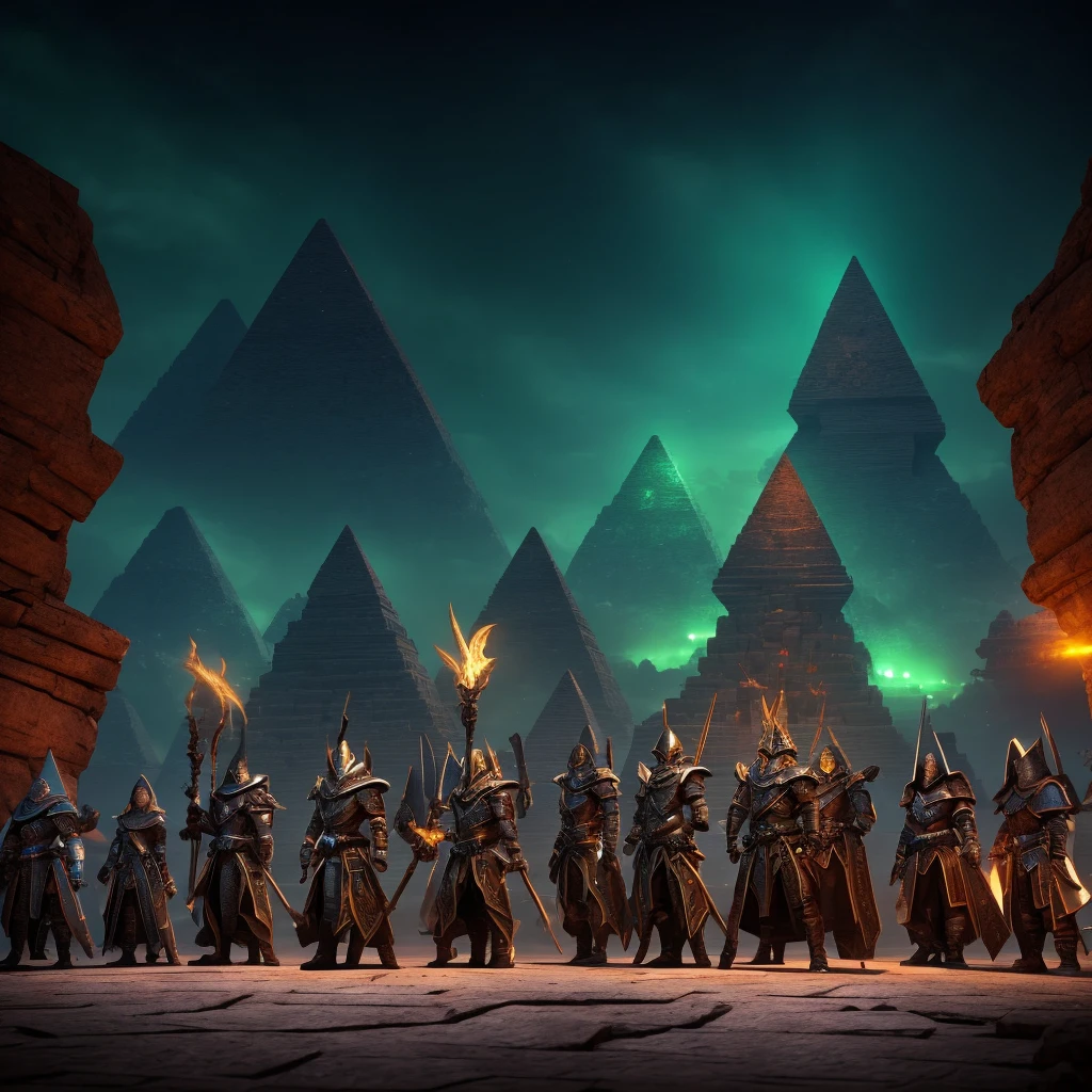 4 people standing next to each other, qll of them outfitted in sandstone sleek armor referinging to their class. 1 mage, 1 warrior, 1 tank and 1 rouge. They are all standing infront of a pyramid that is clearly a dungeon with huge orage and green lights sprouting from the armor and the desert pyramid. Its night time with the armor itself, the stars and the pyramid lighting the photo.