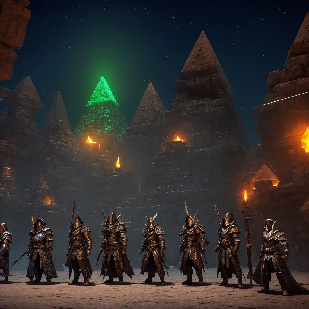 4 people standing next to each other, qll of them outfitted in sandstone sleek armor referinging to their class. 1 mage, 1 warrior, 1 tank and 1 rouge. They are all standing infront of a pyramid that is clearly a dungeon with huge orage and green lights sprouting from the armor and the desert pyramid. Its night time with the armor itself, the stars and the pyramid lighting the photo. 