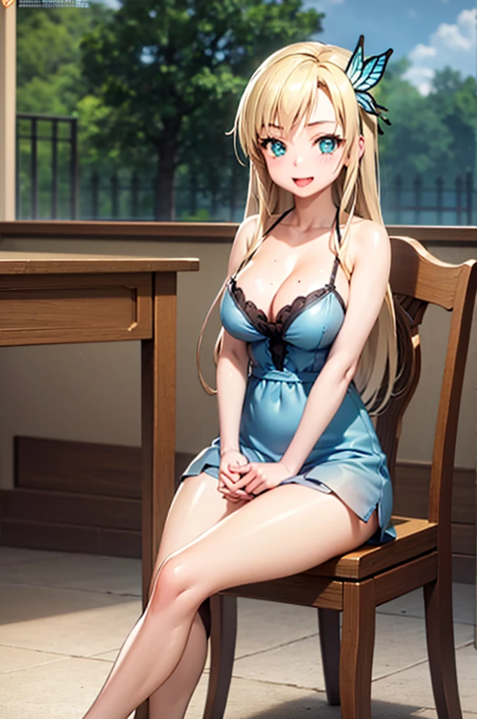 (Highest quality:1.1), (masterpiece:1.4), (Absurd:1.0), Portraiture, close, One girl, kashiwazaki sena, butterfly_hair_ornament, blonde_hair, long hair, , Large Breasts, View your viewers, classroom, Open_mouth, (blush:1.2), smile, Aqua Eye, High resolution, unity 8k wallpaper, (figure:0.8), (Beautiful attention to detail:1.6), Highly detailed face, Perfect lighting, Highly detailed CG, (Perfect hands, Perfect Anatomy), , (3D Face:1.1), (Shiny skin:1.5), (超High resolution intricate face details), (Facial skin pores:1.3), 超High resolution cloth texture, 大きなsmile、blushする、mouthを開けて, Showing off her perfect legs