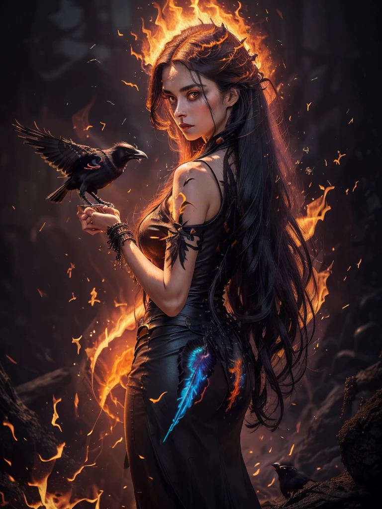 (masterpiece), best quality, (masterpiece), best quality, 

A mystical realistic photograph of a (woman with a ((crow on her arm))), the (((woman has long blowing hair)), dark hair and dark surroundings... the (crow glows) its ((feathers seem to be made of fire)),
The ((crow appears to be made of fire)), lighting up the woman and her surroundings