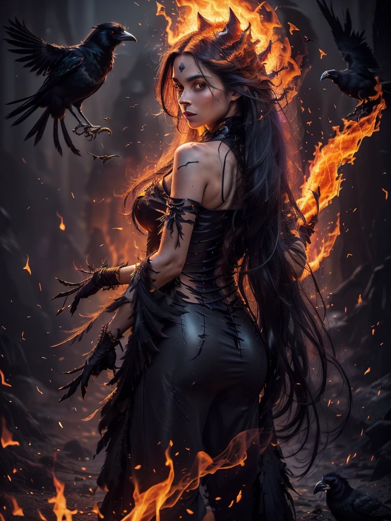 (masterpiece), best quality, (masterpiece), best quality, 

A mystical realistic photograph of a (woman with a ((crow on her arm))), the (((woman has long blowing hair)), dark hair and dark surroundings... the (crow glows) its ((feathers seem to be made of fire)),
The ((crow appears to be made of fire)), lighting up the woman and her surroundings