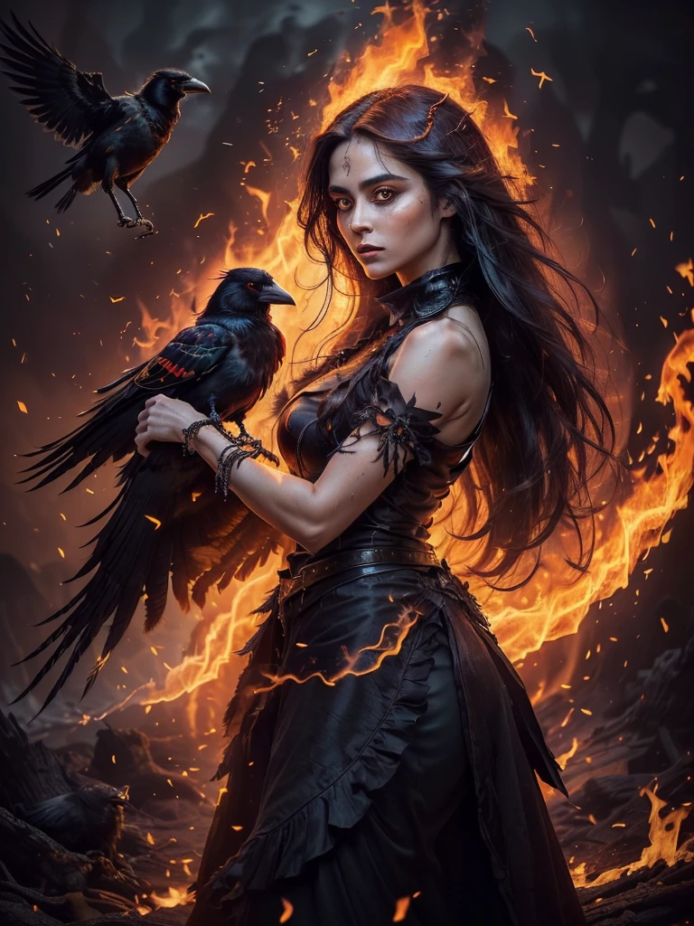 (masterpiece), best quality, (masterpiece), best quality, 

A mystical realistic photograph of a (woman with a ((crow on her arm))), the (((woman has long blowing hair)), dark hair and dark surroundings... the (crow glows) its ((feathers seem to be made of fire)),
The ((crow appears to be made of fire)), lighting up the woman and her surroundings