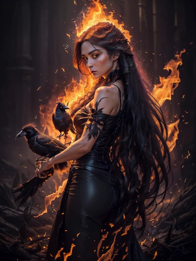 (masterpiece), best quality, (masterpiece), best quality, 

A mystical realistic photograph of a (woman with a ((crow on her arm))), the (((woman has long blowing hair)), dark hair and dark surroundings... the (crow glows) its ((feathers seem to be made of fire)),
The ((crow appears to be made of fire)), lighting up the woman and her surroundings