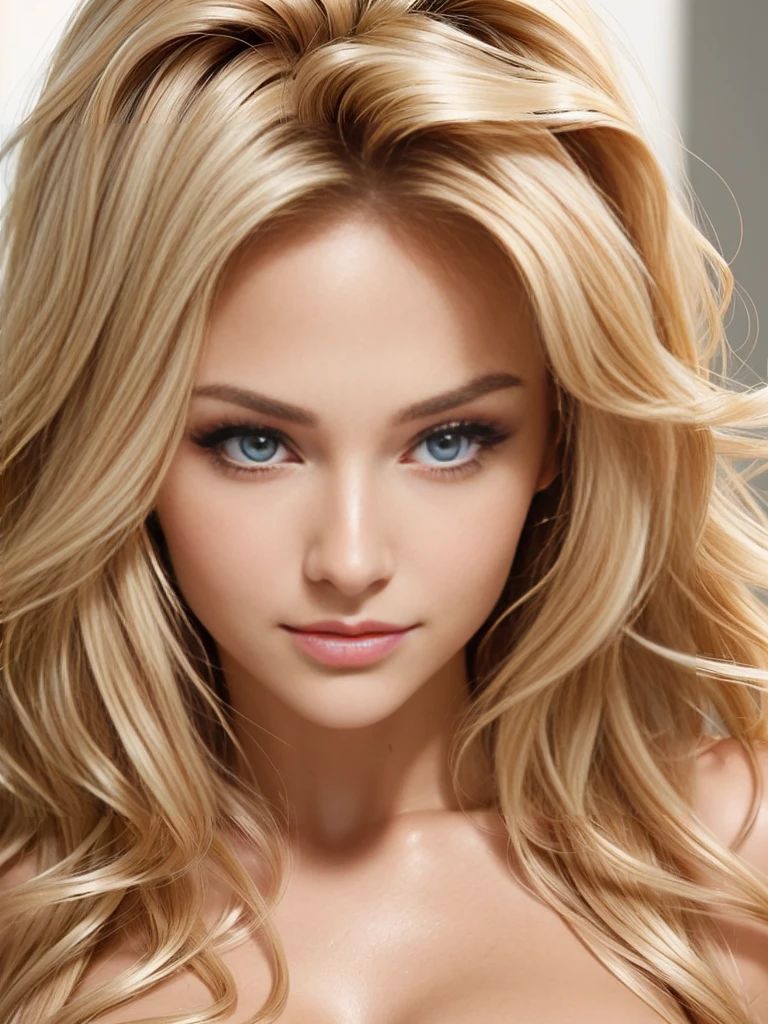 Extreme closeup portrait of an ultra hot gorgeous European woman.age 23. She’s a playmate and men magazine model. Blonde wavy hair. Naked. She flirts with camera.