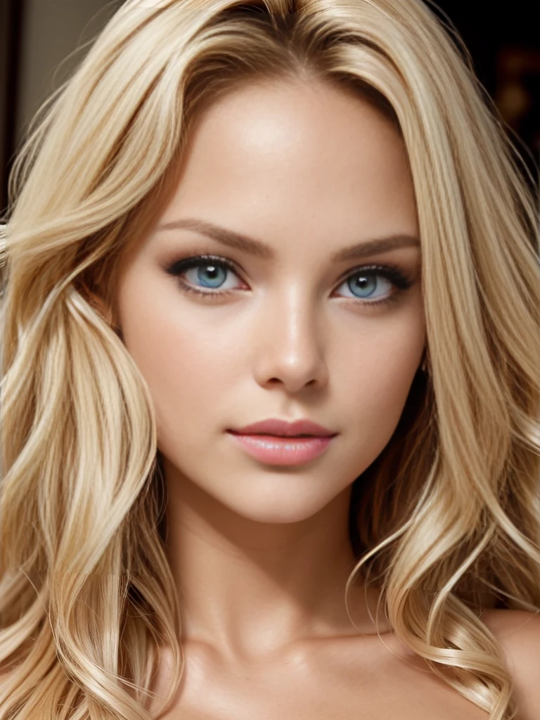 Extreme closeup portrait of an ultra hot gorgeous European woman.age 23. She’s a playmate and men magazine model. Blonde wavy hair. Naked. She flirts with camera.