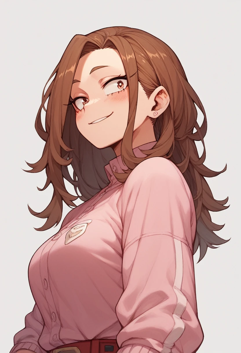 Create a my hero academia character, a girl with long brown hair, with pink clothes