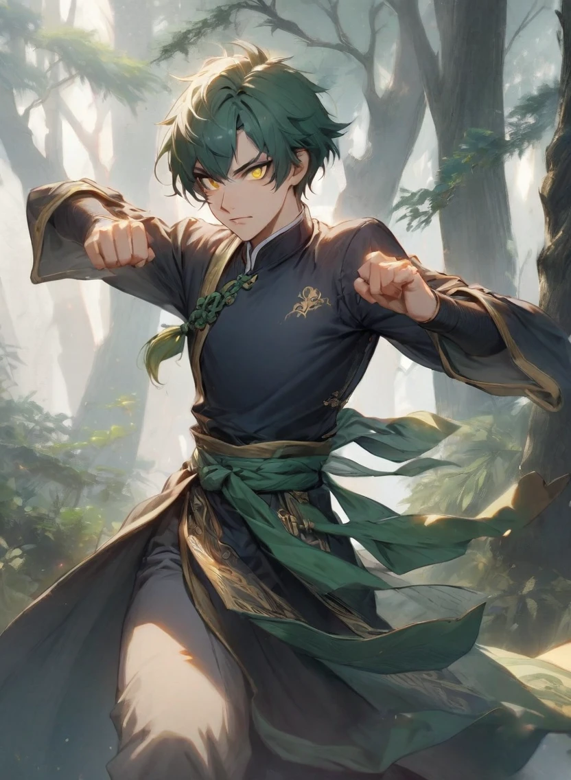 young man ,Male Dark, dark Woods, dark blue colors, monk dnd, man sage green hair with yellow eye, kungfu costume style,