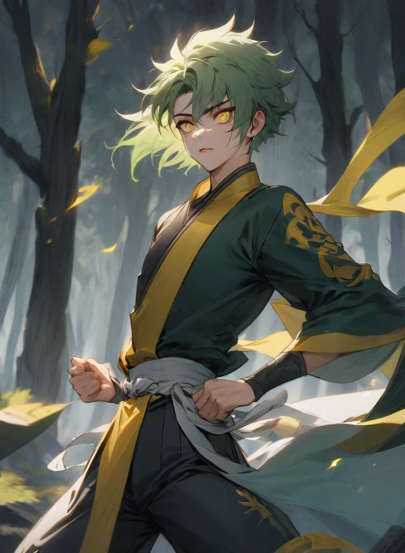 young man ,Male Dark, dark Woods, dark blue colors, monk dnd, man sage green hair with yellow eye, kungfu costume style, 