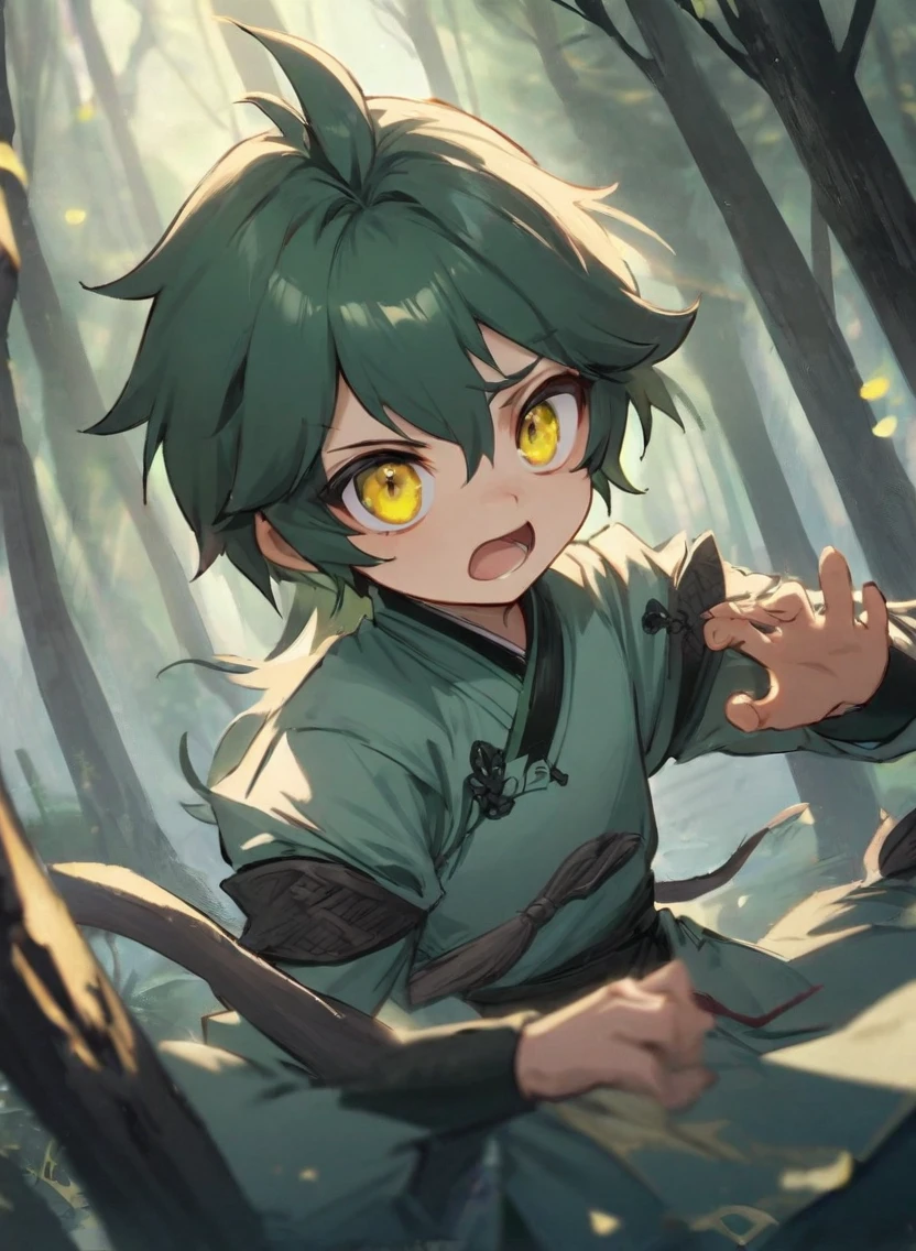 young man ,Male Dark, dark Woods, dark blue colors, monk dnd, man sage green hair with yellow eye, kungfu costume style,