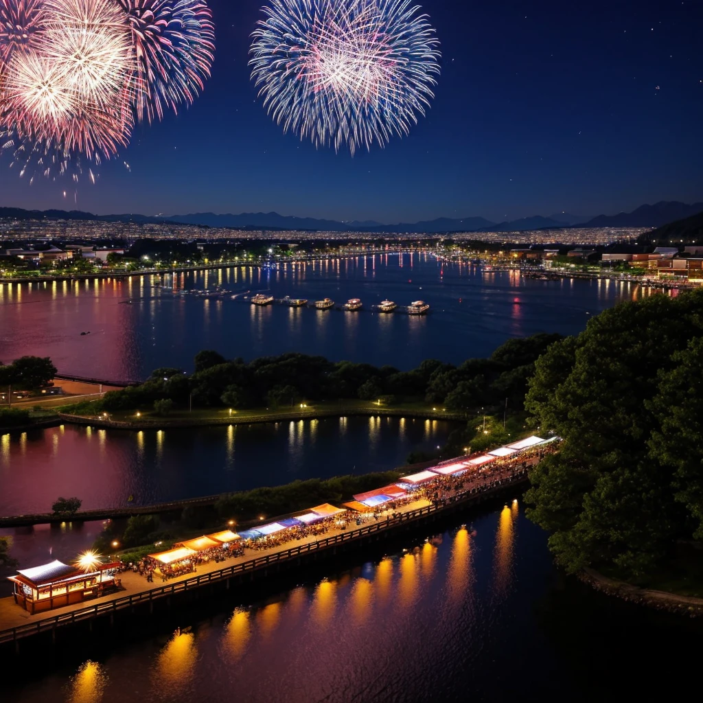 A quiet summer night in a rural town、People wearing yukata々enjoying the fireworks festival。Food stalls lined up along the river、Colorful fireworks illuminate the night sky、Starry sky、And the fireworks reflected on the river。