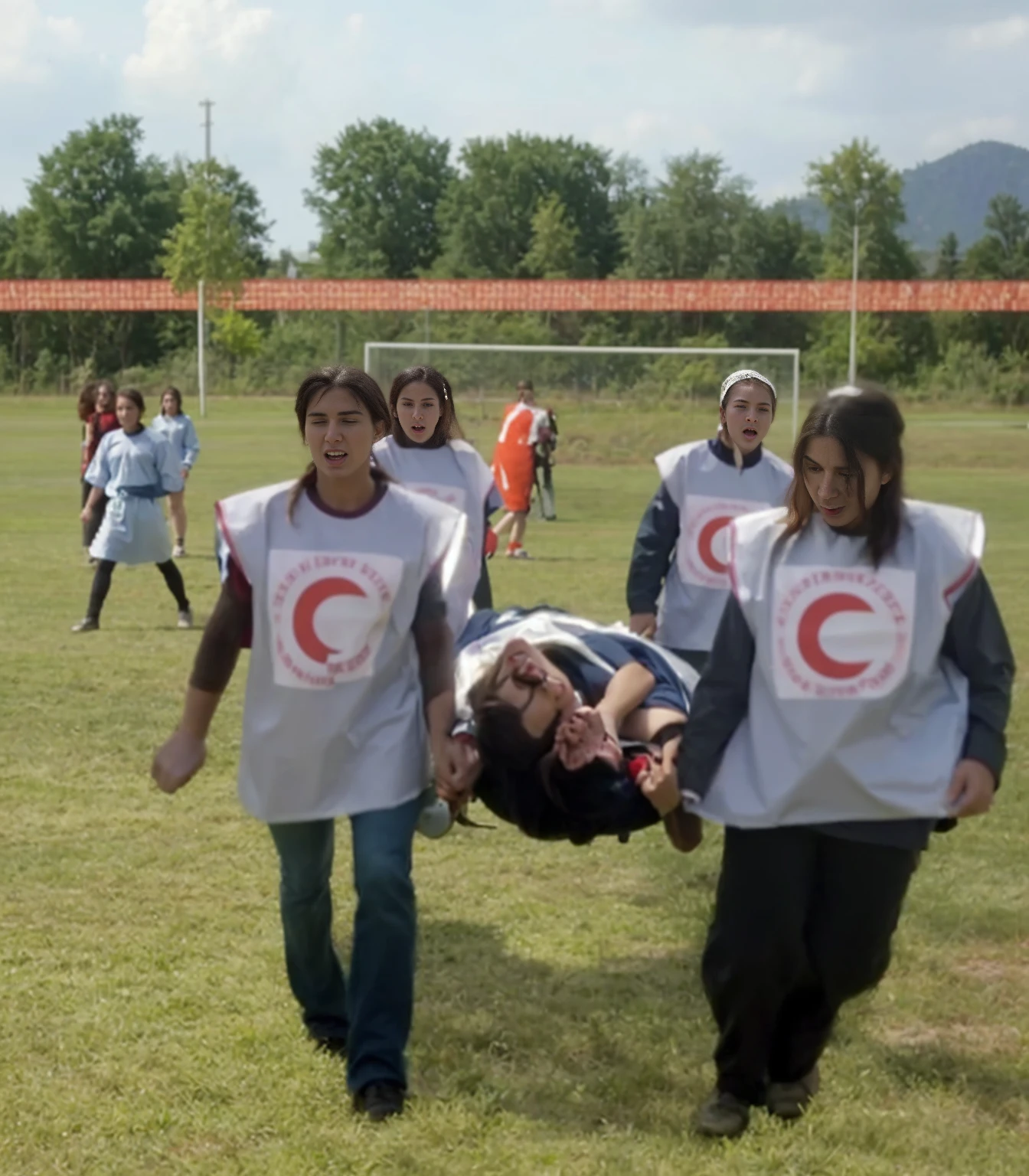During a football match, an injured striker is carried off the pitch on a stretcher by four long-haired young women of the Red Crescent, Four long-haired young women in shiny Red Crescent uniforms carry a stretcher towards us on a football pitch, On the stretcher, an injured sporetler lies with his head facing us and has slapped his hands in front of his face in pain, An injured athlete lies on his back with his head first on a stretcher and has his hands on his face, Four long-haired young women in shiny uniforms carry the stretcher towards us, The young women all have very shocked expressions and scream and roar very loudly in horror